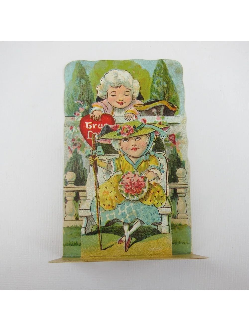 Vintage Valentine 3D Pop Up Die Cut Boy & Girl 1700s Wigs & Dress Pink Flowers